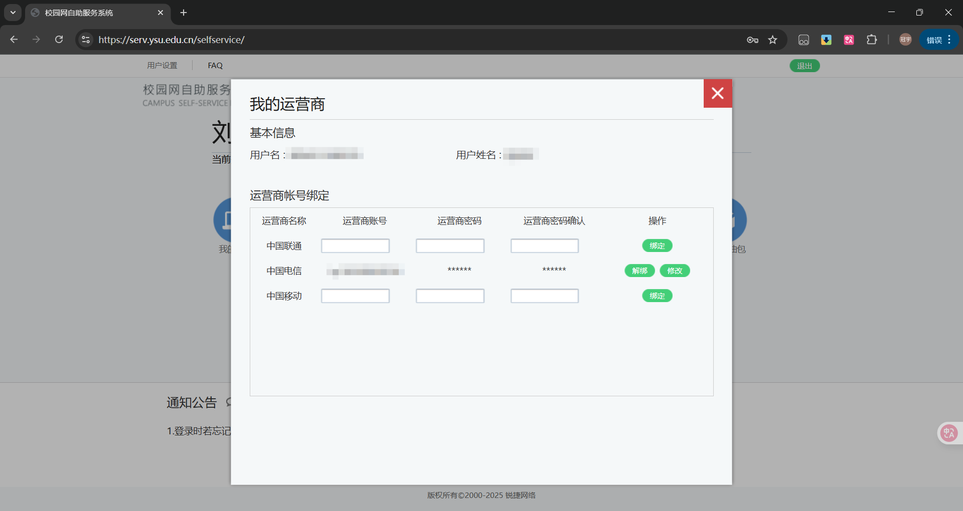 自助服务我的运营商页面
